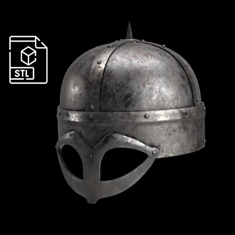 May include: A weathered, metallic Viking helmet with a prominent eye guard and a spiked top. The helmet is riveted and shows signs of wear, suggesting a battle-worn aesthetic. The image includes an STL file icon.