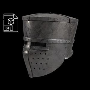 May include: A weathered, metallic knight's helmet with a riveted construction. The helmet features a visor with eye slits and a series of small ventilation holes. The image includes an STL file icon in the upper left corner, suggesting a 3D model.