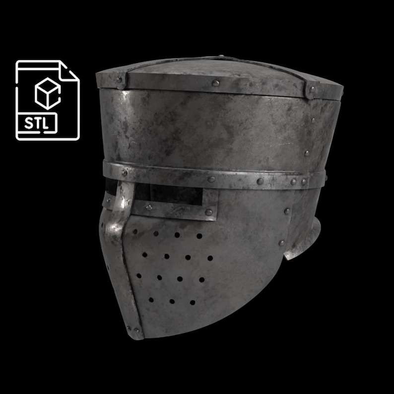 May include: A weathered, metallic knight's helmet with a riveted construction. The helmet features a visor with eye slits and a series of small ventilation holes. The image includes an STL file icon in the upper left corner, suggesting a 3D model.