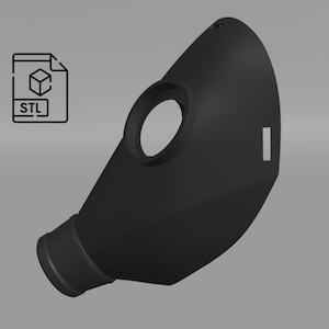 May include: A black 3D printed gas mask with a round opening for the eyes and a hose attachment on the side.