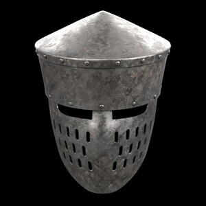 May include: A weathered, metallic medieval helmet with a conical top and a riveted brim. The face guard features eye slits and numerous ventilation holes. The helmet's surface shows signs of wear and tear, suggesting age and use.