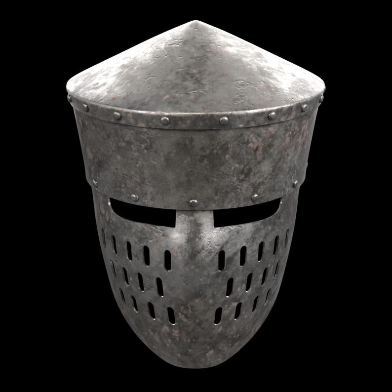 May include: A weathered, metallic medieval helmet with a conical top and a riveted brim. The face guard features eye slits and numerous ventilation holes. The helmet's surface shows signs of wear and tear, suggesting age and use.