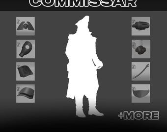 May include: A digital file bundle titled GRIM SCI-FI COMMISSAR STL BUNDLE featuring a white silhouette of a uniformed figure in the centre. Surrounding the figure are eight small square icons displaying various 3D model components including a winged skull, a gas mask, shoulder armour, a sword, and other accessories.