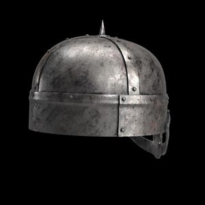 May include: A weathered, metallic helmet with a pointed top and riveted construction. The helmet has a rounded crown and a horizontal band around the base, suggesting a medieval or historical theme.