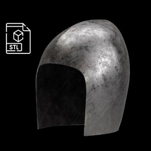 May include: A weathered, metallic helmet with a rounded top and a face opening. The helmet has a textured surface and a dark, shadowed interior. A white icon with the letters "STL" is in the upper left corner.