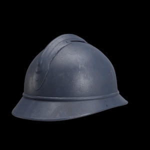 May include: A blue-grey helmet with a rounded top, a brim, and a raised ridge running from front to back. The helmet has a matte finish and is set against a black background.