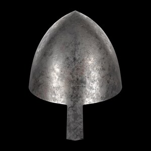 May include: A weathered, steel-colored helmet with a pointed top and a rectangular extension at the base. The helmet has a textured surface and is set against a black background. The design suggests a historical or medieval theme.