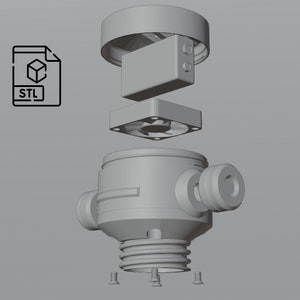 May include: A 3D printed model of a pump, disassembled into its individual parts. The parts include a motor housing, a fan, a pump head, and a base. The model is in a light gray color and is ready to be printed.