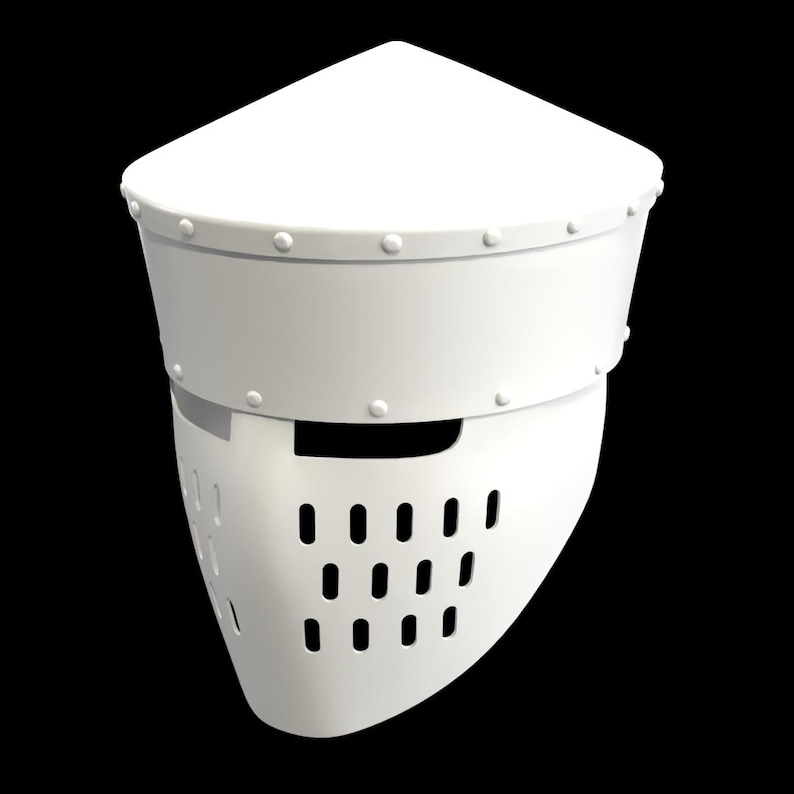 May include: A white, medieval-style helmet with a pointed top and a face guard featuring multiple rectangular ventilation holes. The helmet has a cylindrical midsection with rivets and a curved lower section.