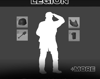 以下が含まれることがあります： GRIM SCI-FI LEGION STL BUNDLEというタイトルのデジタル製品バンドルで、兵士の白いシルエットが描かれています。画像にはヘルメット、シャベル、胸当て、長方形のデバイスのアイコンが表示されており、下部には+MOREというテキストがあります。