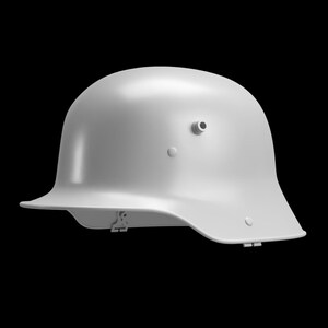 May include: A white helmet with a curved brim and a rounded top. The helmet has a smooth, glossy finish and features small rivets and a vent. The design is reminiscent of a military helmet.