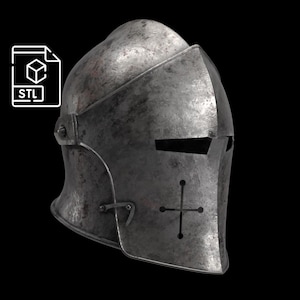 May include: A weathered, metallic knight's helmet with a cross emblem on the front. The helmet has a visor and a rounded top, suggesting medieval armor. The image includes an STL file icon, indicating a 3D model.