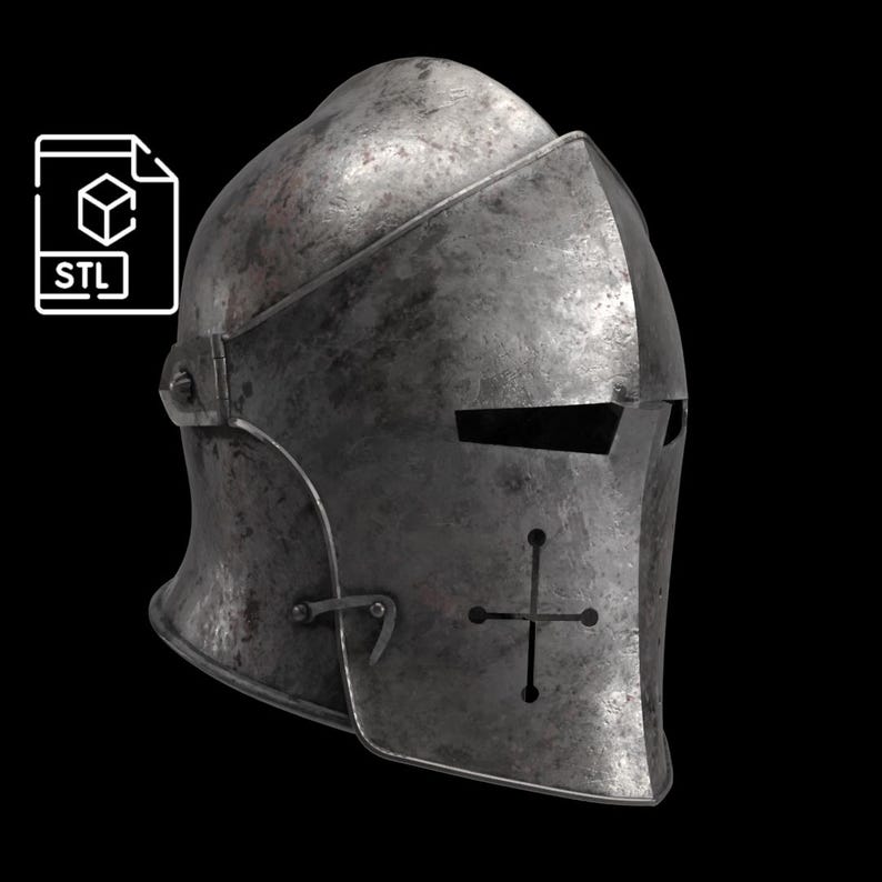 May include: A weathered, metallic knight's helmet with a cross emblem on the front. The helmet has a visor and a rounded top, suggesting medieval armor. The image includes an STL file icon, indicating a 3D model.