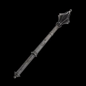 May include: A medieval mace with a spiked head and a long, cylindrical handle. The mace is made of metal and has a weathered, aged appearance, suggesting it is an antique or replica. The head features multiple sharp spikes.