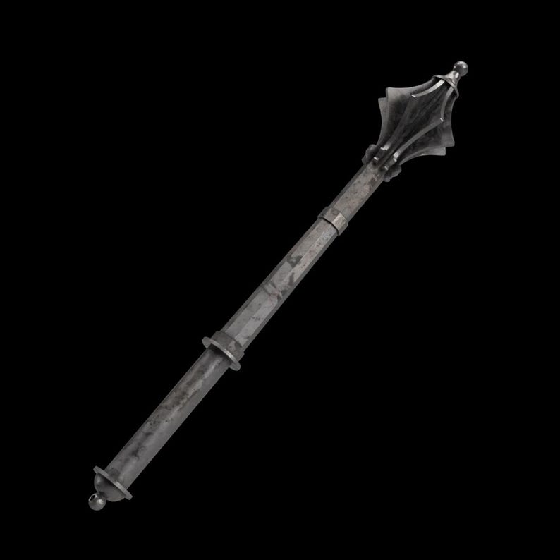 May include: A medieval mace with a spiked head and a long, cylindrical handle. The mace is made of metal and has a weathered, aged appearance, suggesting it is an antique or replica. The head features multiple sharp spikes.
