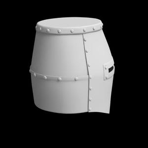 May include: A white, medieval-style helmet with a rounded top and a cylindrical body. The helmet features rivets along the seams and a rectangular eye slit. The design is simple and symmetrical, with a matte finish.