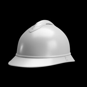May include: A white, smooth-surfaced helmet with a rounded crown, a visor, and a curved handle on top. The helmet has a simple, classic design, suitable for historical reenactment or costume use.