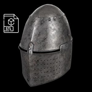 May include: A weathered, metallic medieval helmet with a rounded top and riveted construction. The lower face area features numerous small ventilation holes. The helmet is set against a black background, with an STL file icon in the upper left corner.