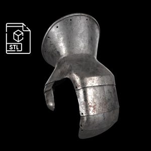 May include: A metallic gauntlet piece featuring a flared cuff with small circular rivet holes and articulated overlapping plates. The surface has a weathered, dark grey finish with visible signs of oxidation and wear. An STL file icon is present.