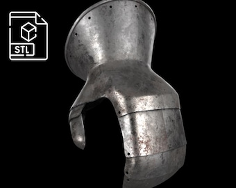 Op de afbeelding: Een metalen handschoenonderdeel met een uitlopende manchet, kleine ronde klinknagelgaten en gearticuleerde overlappende platen. Het oppervlak heeft een verweerde, donkergrijze afwerking met zichtbare tekenen van oxidatie. STL-bestandspictogram aanwezig.