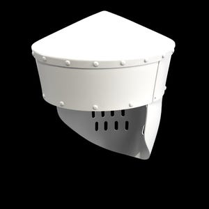 May include: A white medieval helmet with a pointed top and a visor. The helmet has a riveted band around the base of the pointed top and a series of ventilation holes on the visor. The helmet is set against a black background.