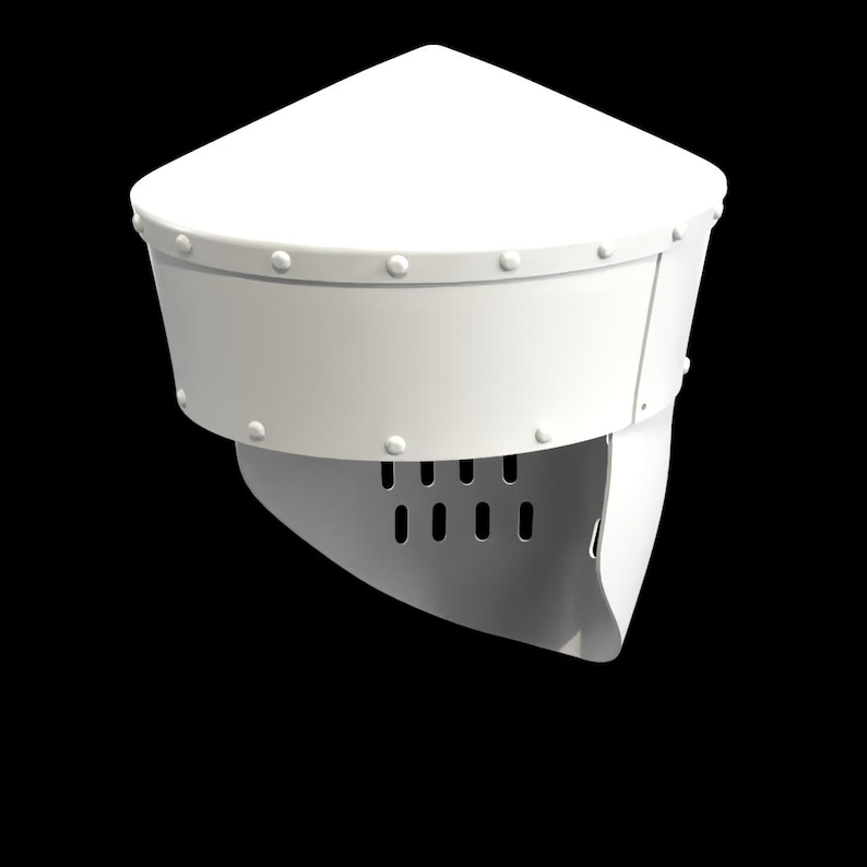 May include: A white medieval helmet with a pointed top and a visor. The helmet has a riveted band around the base of the pointed top and a series of ventilation holes on the visor. The helmet is set against a black background.
