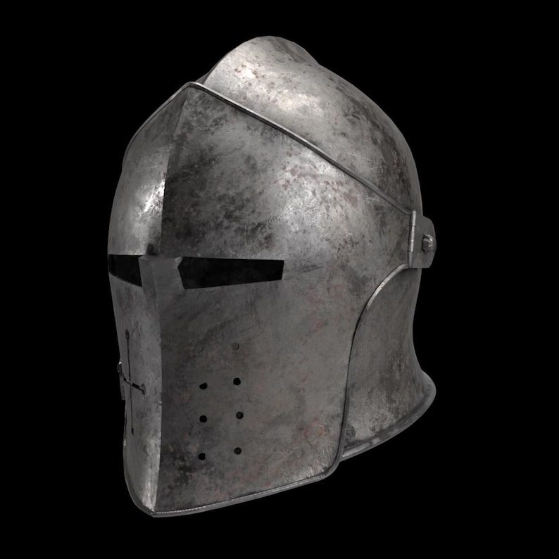 May include: A weathered, metallic knight's helmet with a visor and a cross emblem. The helmet has a riveted construction and a slightly aged appearance, suggesting historical use. The background is black.