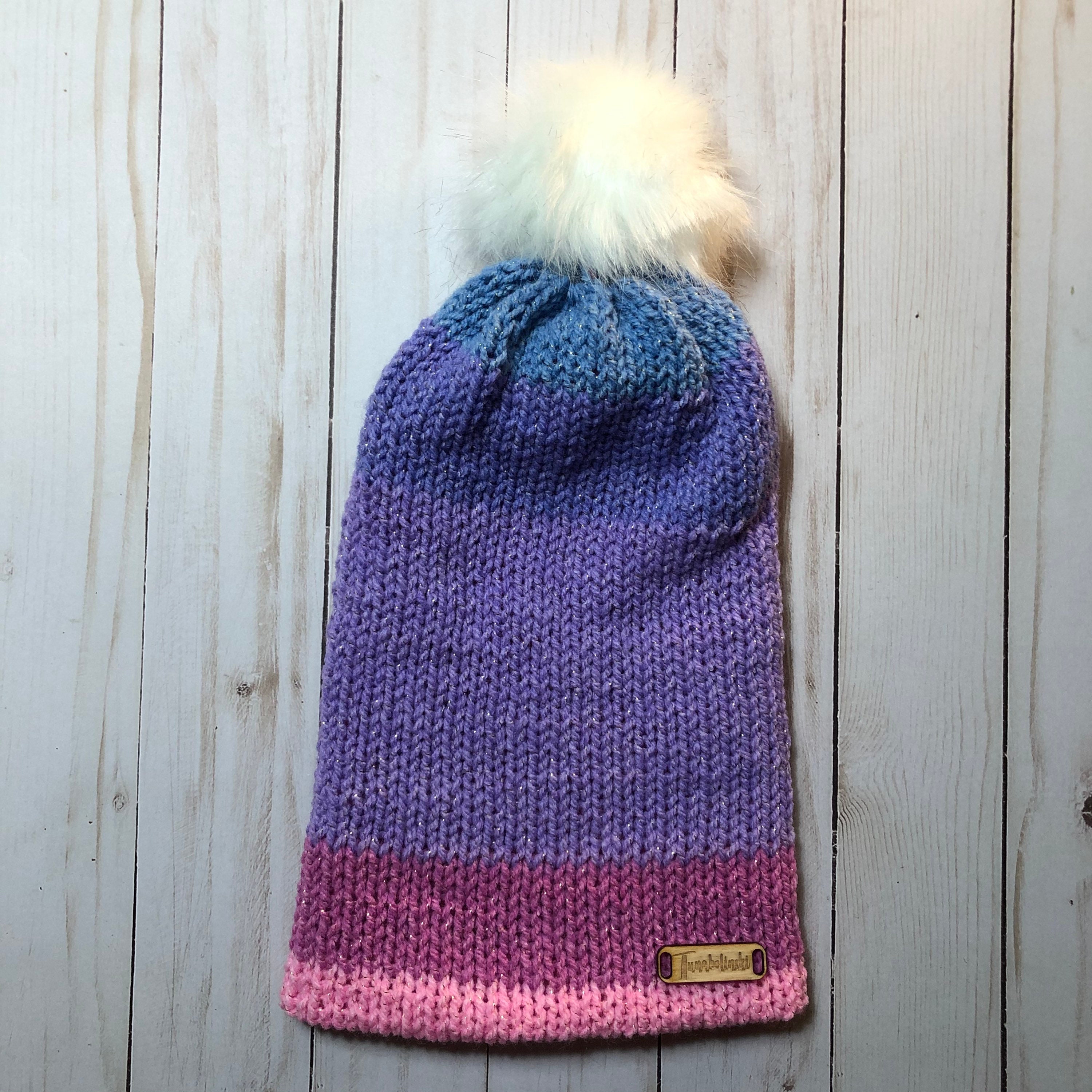 Purple Ombre Slouchy Pom Pom Beanie 