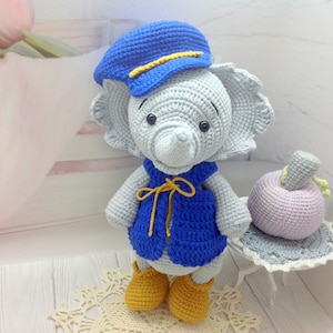 Crochet Elephant Plush Toy in Blue Outfit – Handmade Amigurumi Elephant with Hat and Boots – Soft Toy for Kids – Nursery Gift Idea