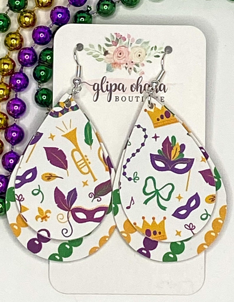 Mardi Gras Jewelry Faux Leather Earrings Mardi Gras Earrings Mardi Gras Teardrop Earrings Mardi Gras Gift