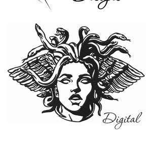 May include: Black and white digital embroidery design featuring Medusa with snakes for hair, wings, and the text "Nika Embroidery Designs." Includes file formats and 5 sizes.