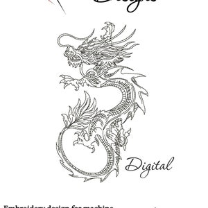 May include: Digital embroidery design featuring a detailed dragon illustration. The design is in black and white, with the text "Nika Embroidery Designs" and "Digital". Includes embroidery file formats and size options.