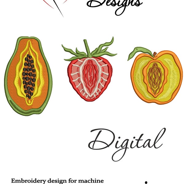 Strawberry Peach Papaya Machine embroidery design, Pussy, Vulva design