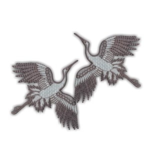 Japanese Crane Embroidered Patch: Taupe Bird Applique (Pair)