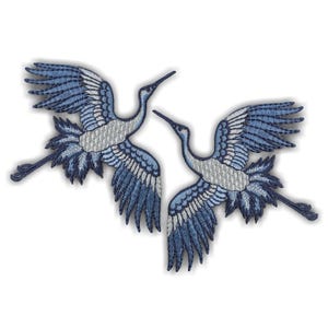 Blue Japanese Crane Patch: Mirrored Embroidered Applique