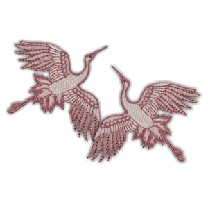 Mirrored Pastel Pink Japanese Crane Embroidered Patch - Iron On Applique