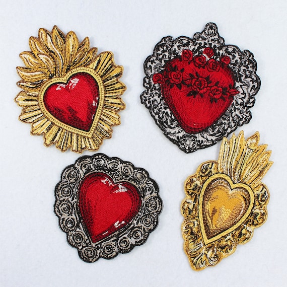 Embroidered Heart Patch: Gold & Red Viscose, Self Adhesive