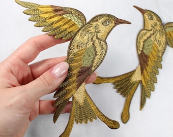 Mustard yellow Embroidered Hummingbird Patch in Vintage Style