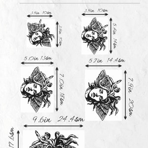 May include: Black and white Medusa embroidery designs in various sizes, ranging from 3.9 inches (10 cm) to 9.6 inches (24.4 cm) wide. The designs feature the face of Medusa with snakes and wings. The text "Nika Embroidery Designs" is at the top.