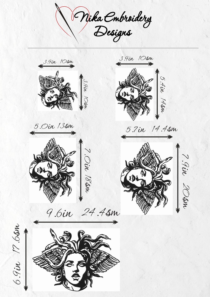 May include: Black and white Medusa embroidery designs in various sizes, ranging from 3.9 inches (10 cm) to 9.6 inches (24.4 cm) wide. The designs feature the face of Medusa with snakes and wings. The text "Nika Embroidery Designs" is at the top.