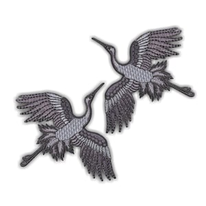 Mirrored Japanese Crane Patch: Dark Gray Embroidered Applique