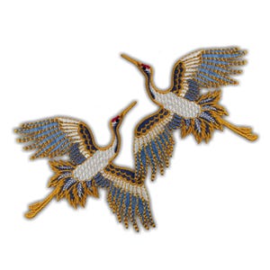 Mirrored Japanese Crane Patch: Embroidered Bird Applique (Pair)