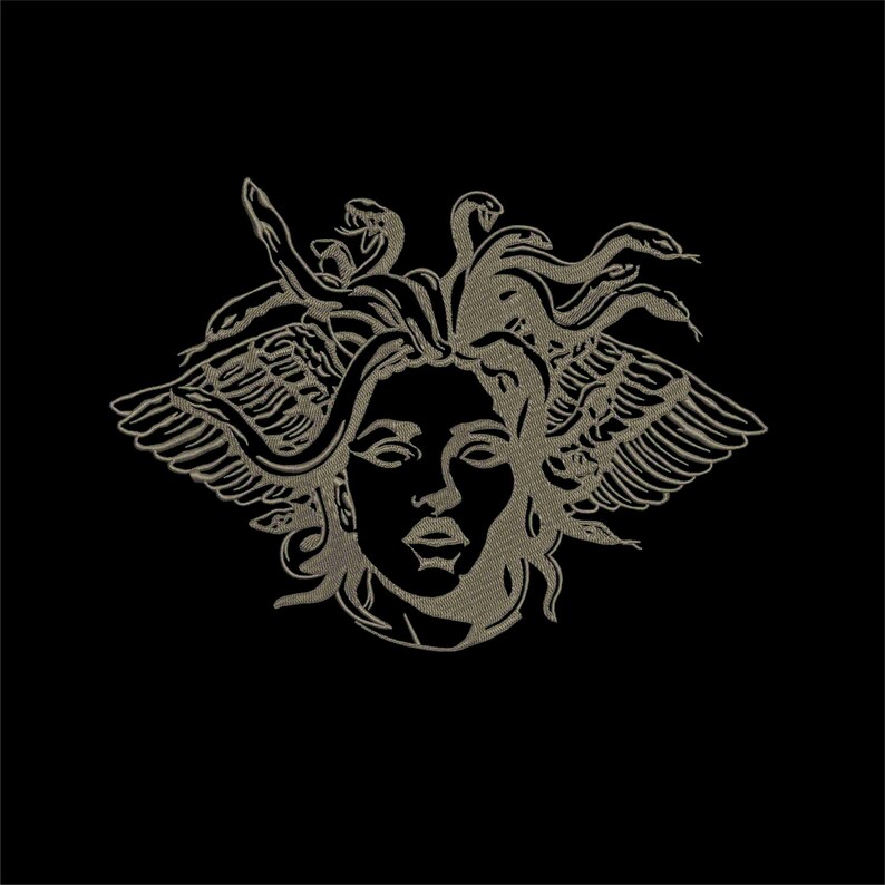 May include: An embroidered design of Medusa's face, featuring snakes for hair and wings, in a light tan color. The design is set against a black background, creating a striking contrast. The artwork is detailed and stylized.
