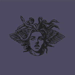May include: A detailed black line drawing of Medusa's face, featuring snakes for hair and wings, set against a muted purple background. The artwork is a stylized representation of the mythological figure.