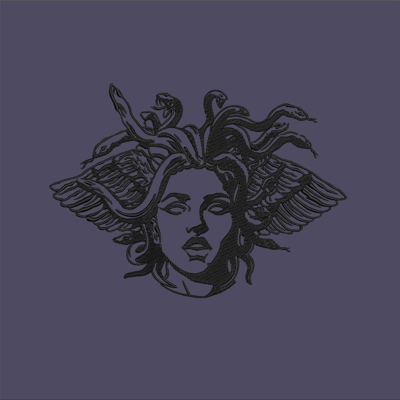 May include: A detailed black line drawing of Medusa's face, featuring snakes for hair and wings, set against a muted purple background. The artwork is a stylized representation of the mythological figure.