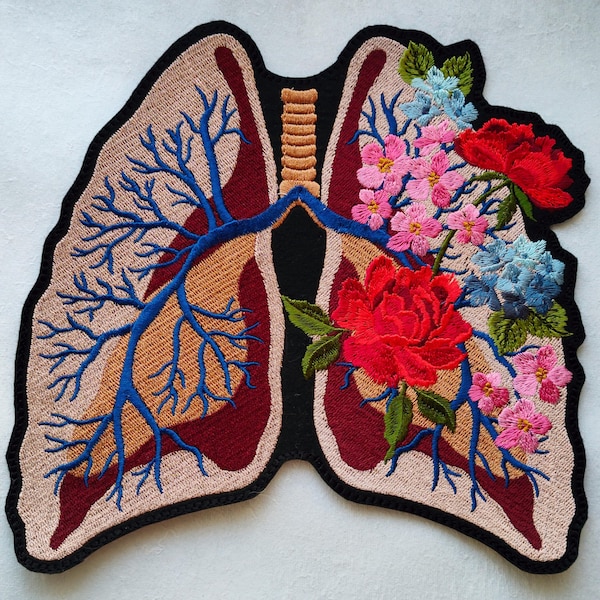 Iron on patch realistic anatomical human heart lungs with flowers hydrangea rose