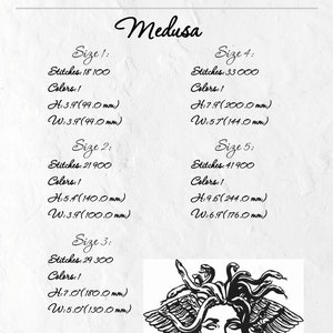 May include: An embroidery design featuring the image of Medusa, with a black and white color scheme. The design includes the text "Medusa" and size specifications with measurements in inches and millimeters. The design is from Nika Embroidery Designs.