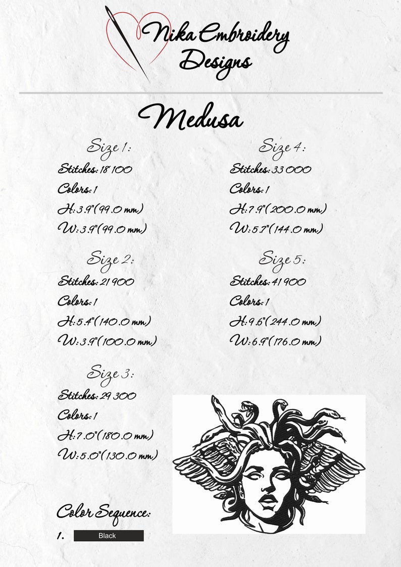 May include: An embroidery design featuring the image of Medusa, with a black and white color scheme. The design includes the text "Medusa" and size specifications with measurements in inches and millimeters. The design is from Nika Embroidery Designs.