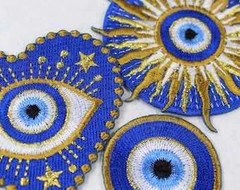 Evil Eye Embroidered Iron On Patches - Protective Nazar Blue Eye Heart Sun Star Applique