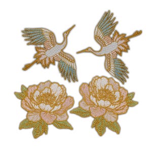 May include: Embroidered patches featuring two cranes in flight and two peony flower designs. The crane patches have blue, white, and gold details. The peony patches have pink, white, and green details. All patches have a gold border.